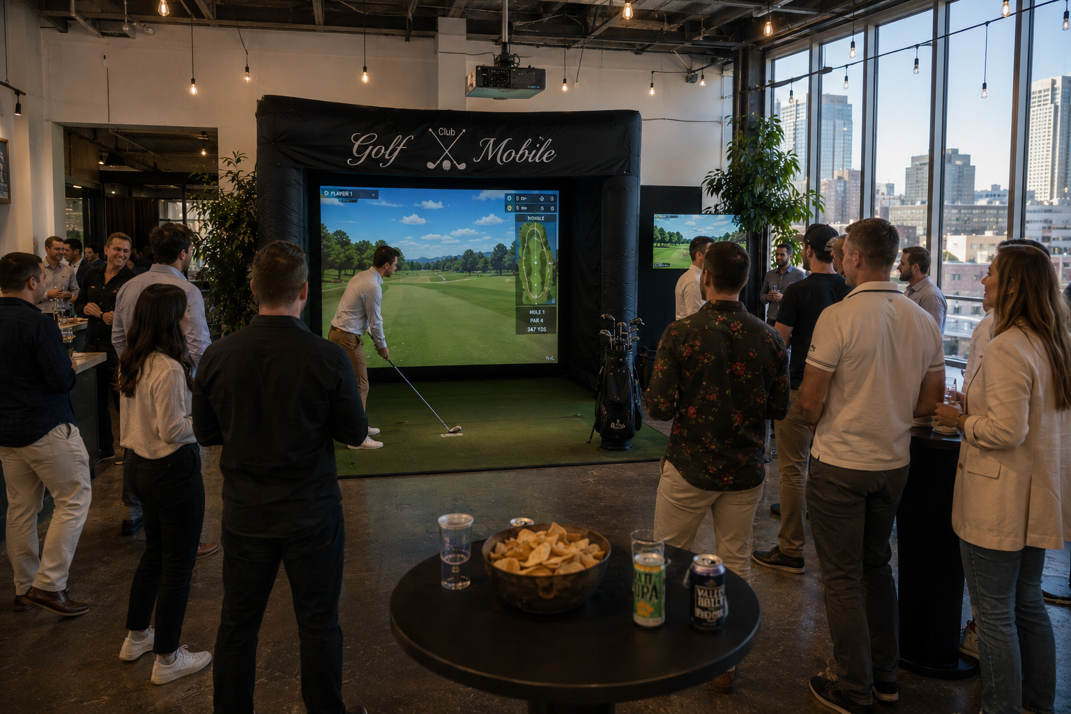 Golf Club Mobile event setup with guests around the simulator